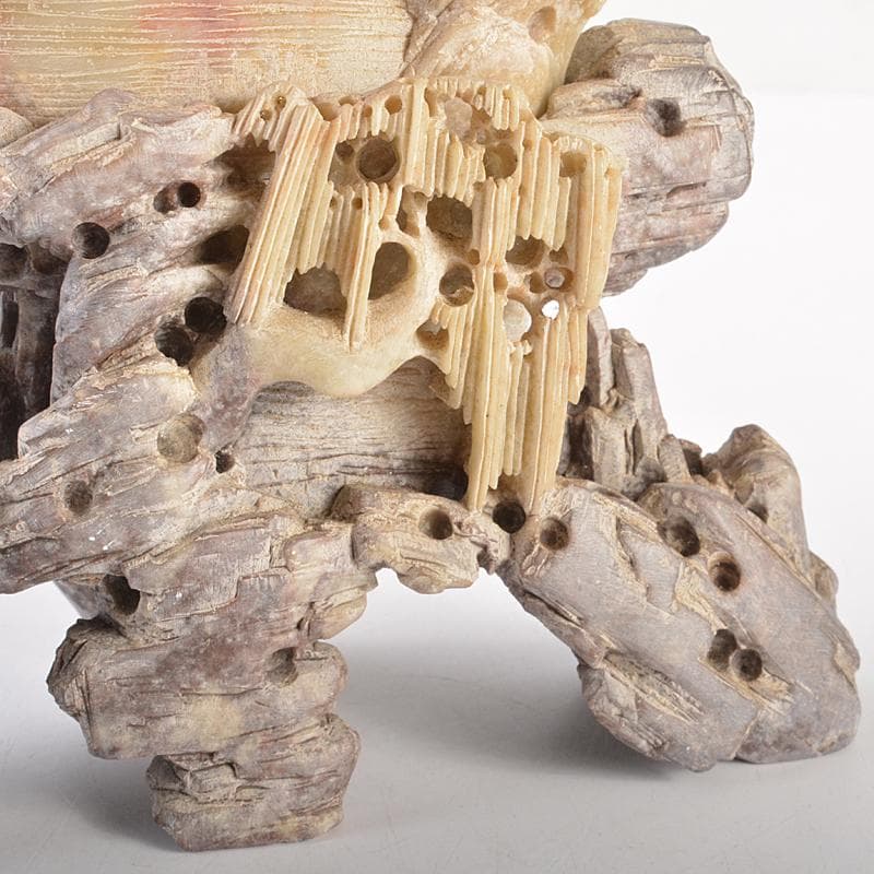 中国　玉石蝋石青田石　楼閣山水雕　床飾　置物　M　R7537