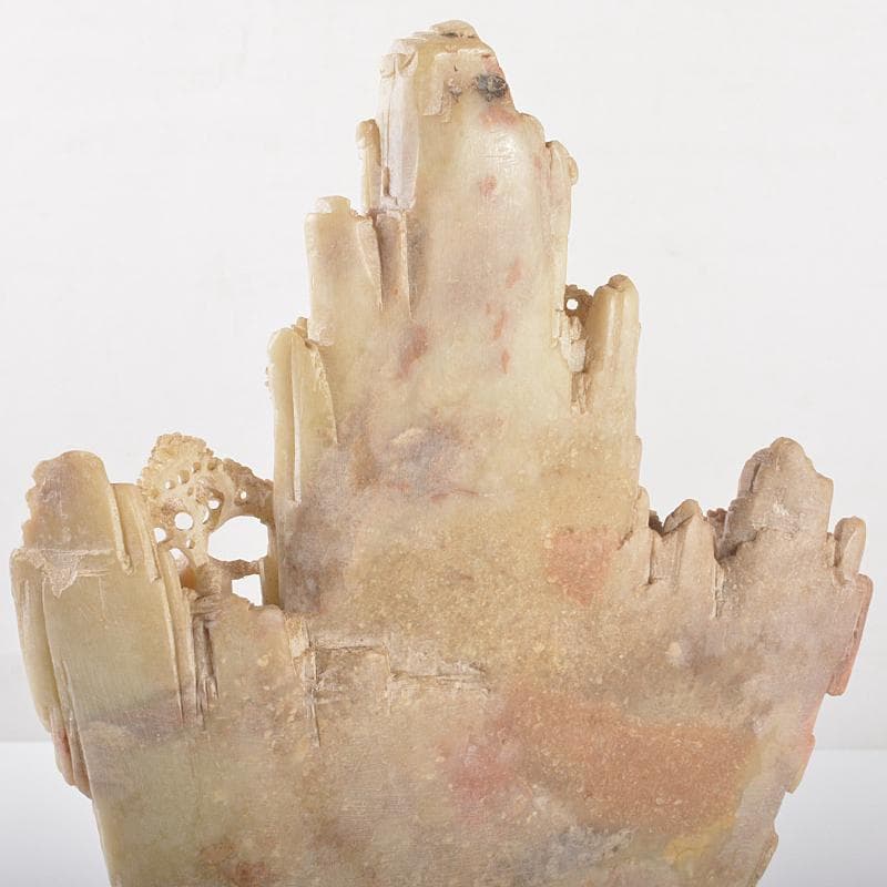 中国　玉石蝋石青田石　楼閣山水雕　床飾　置物　M　R7537