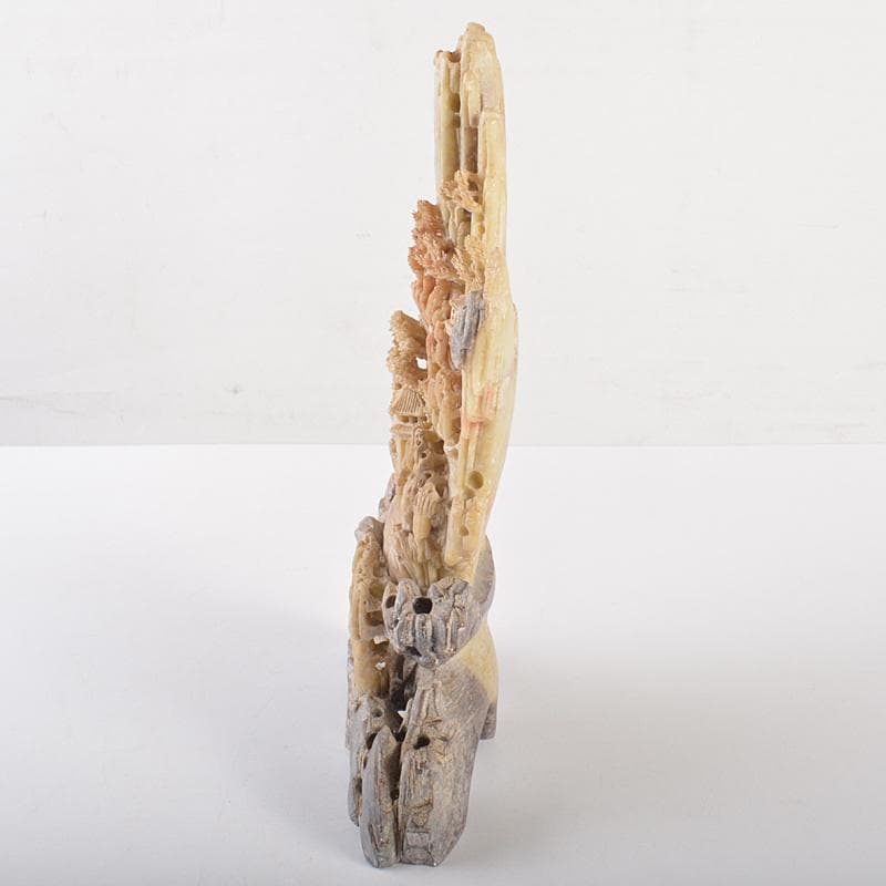 中国　玉石蝋石青田石　楼閣山水雕　床飾　置物　M　R7537