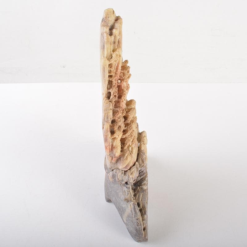 中国　玉石蝋石青田石　楼閣山水雕　床飾　置物　M　R7537