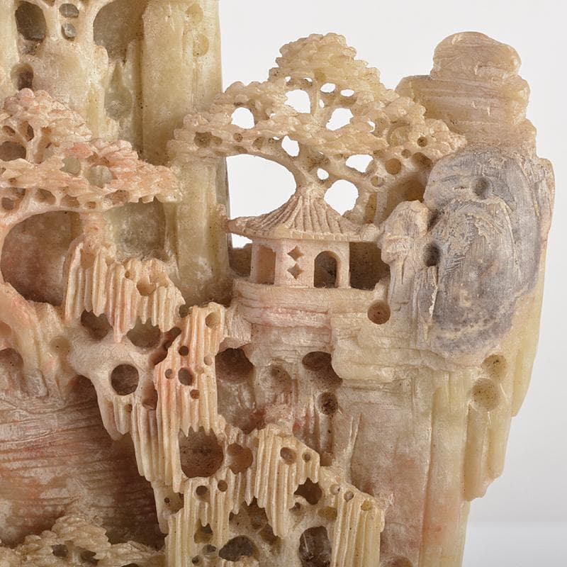 中国　玉石蝋石青田石　楼閣山水雕　床飾　置物　M　R7537