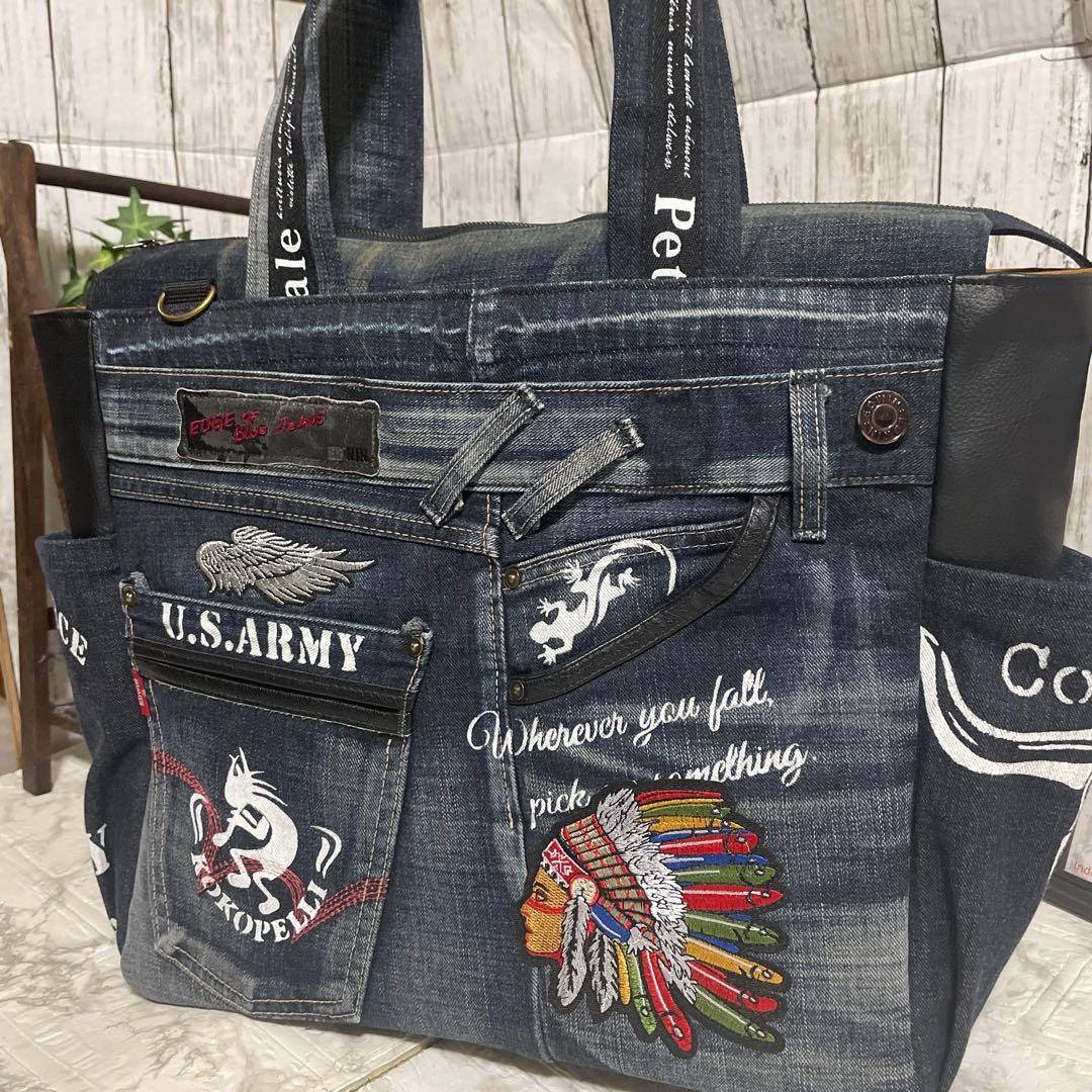 No.524 デニムリメイク　BIGサイズ　肩掛けトートバッグ　インディアン