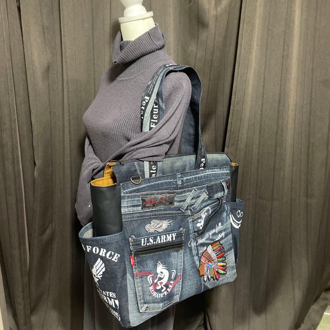 No.524 デニムリメイク　BIGサイズ　肩掛けトートバッグ　インディアン