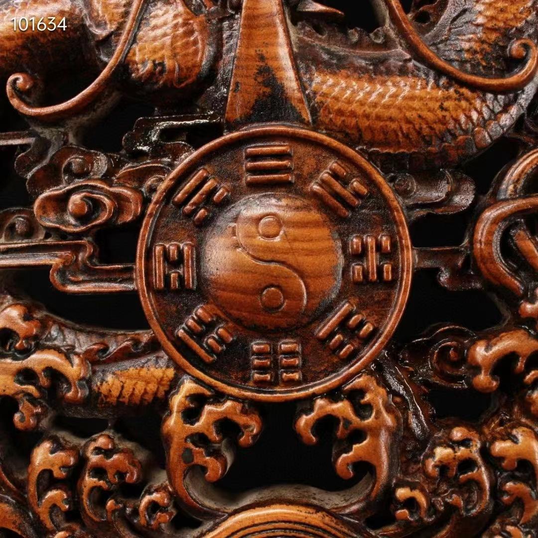 中国古美術・八卦龍屏風・龍置物·黄楊木・手作・宝石で镶嵌・細密彫・風水開運・賞物