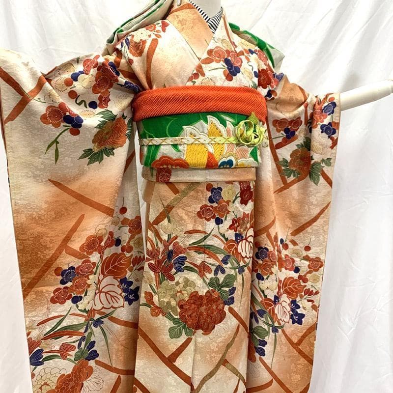 406aj4■ハーフ成人式 十三参り ジュニアアンティーク振袖&袋帯■