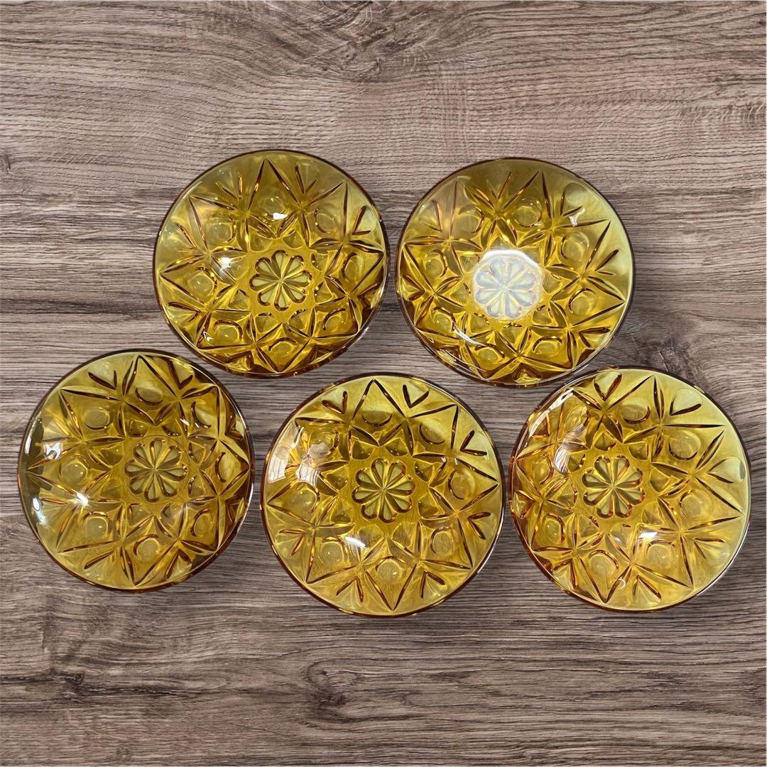 昭和レトロ ポップ 食器 ガラス皿 5個セット アンバー 琥珀 ジャンク
