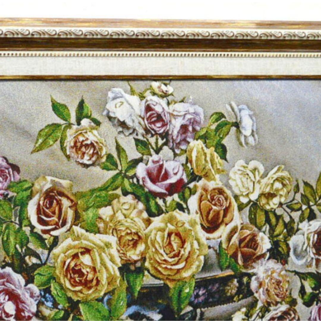 絵画　『卓上の薔薇』　フランス・ゴブラン織り使用　良質キャンバス　豪華　額絵