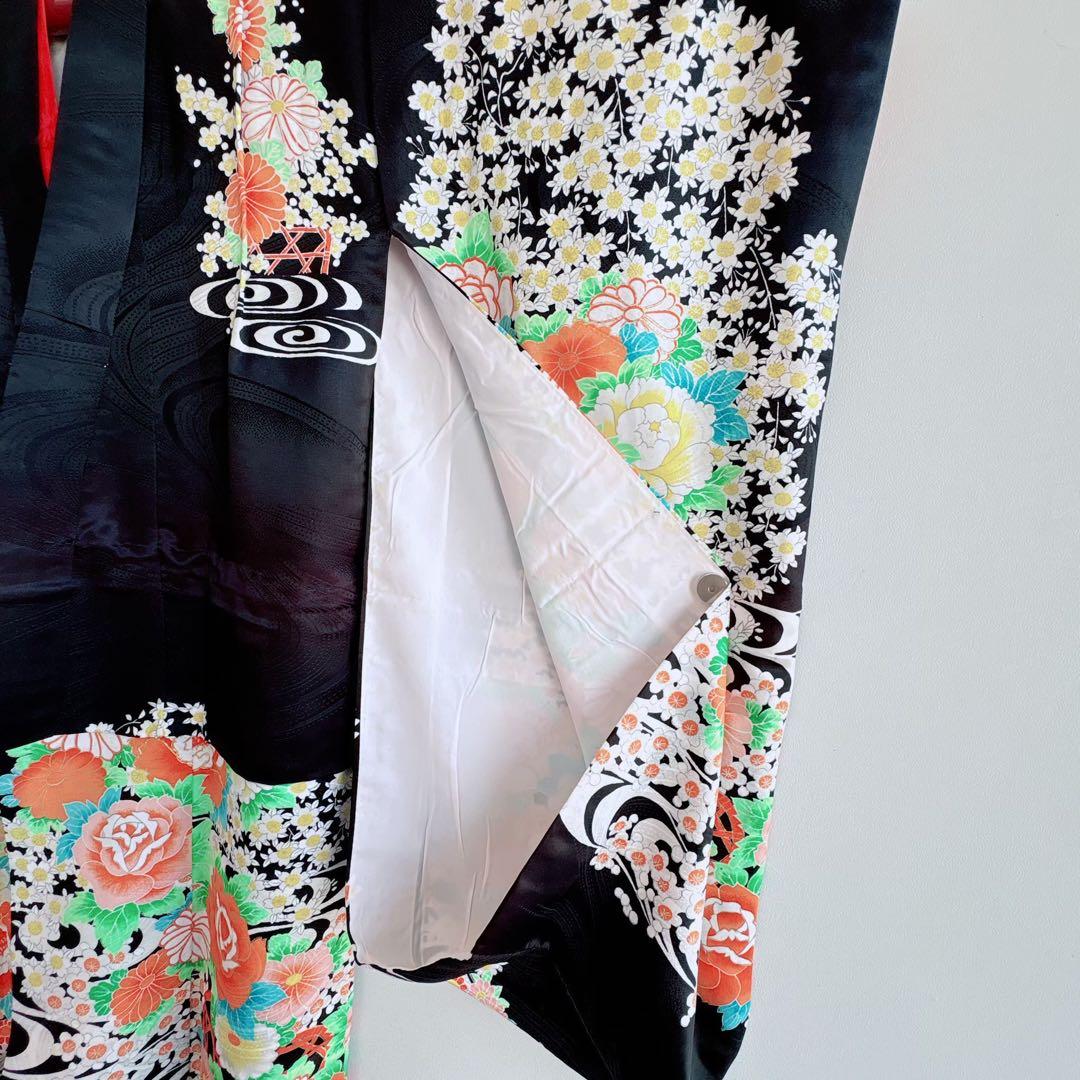 フルセット　七五三７歳女の子　黒地花　緑地袋帯正絹　花菱　半襦袢　7100