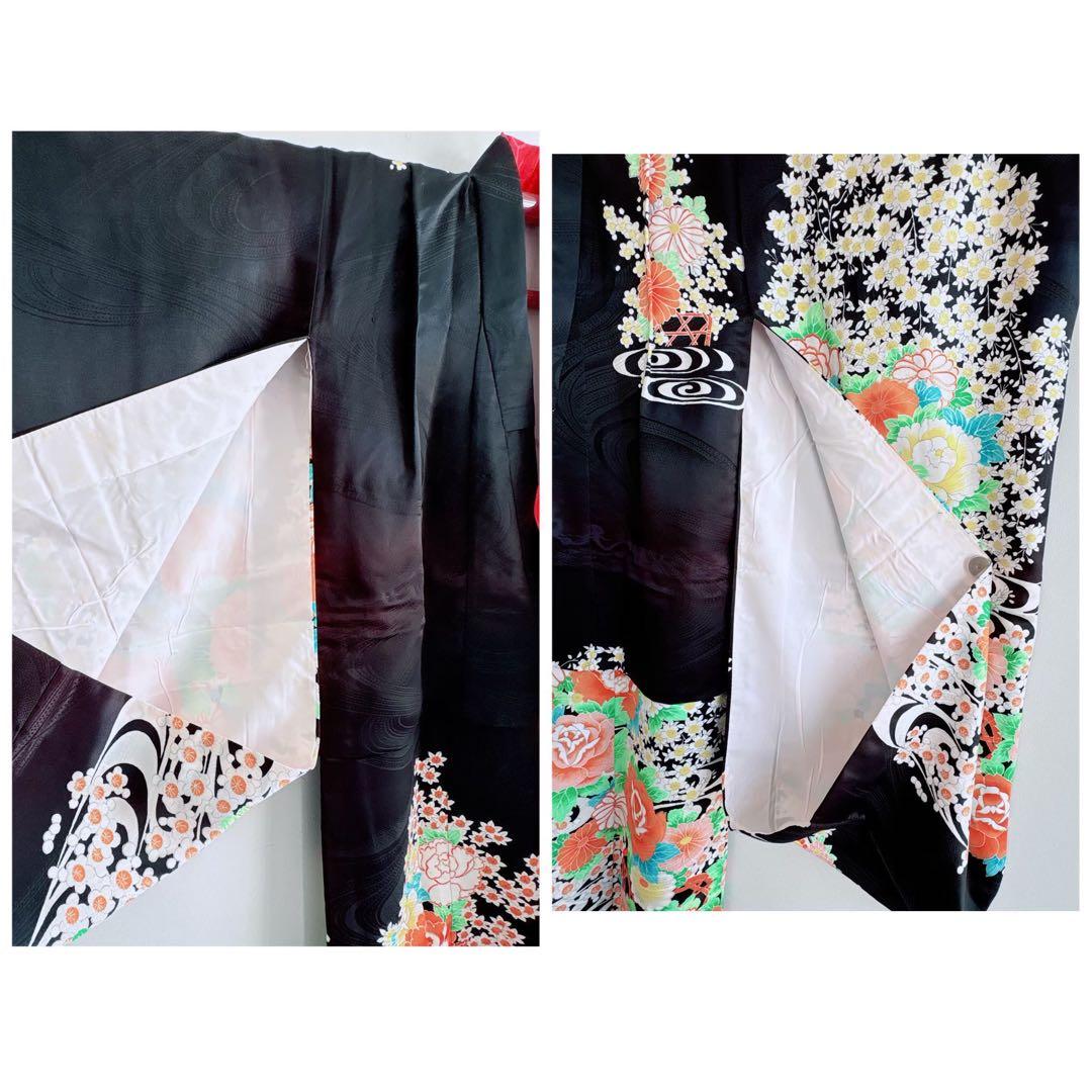 フルセット　七五三７歳女の子　黒地花　緑地袋帯正絹　花菱　半襦袢　7100