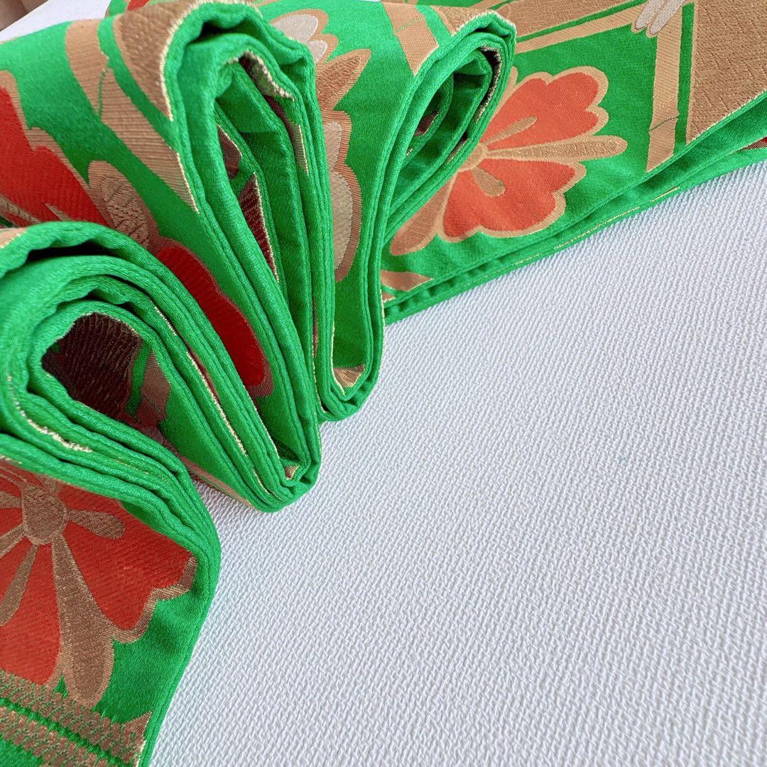 フルセット　七五三７歳女の子　黒地花　緑地袋帯正絹　花菱　半襦袢　7100