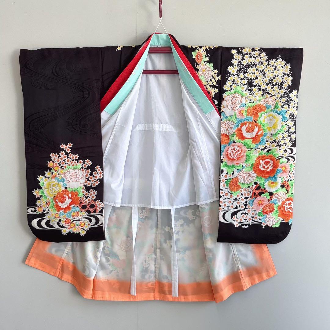フルセット　七五三７歳女の子　黒地花　緑地袋帯正絹　花菱　半襦袢　7100
