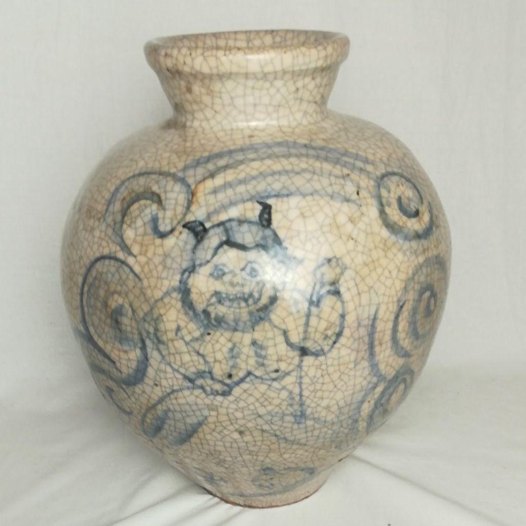 在銘あり　壺　染付絵　雷神　鬼　大津絵