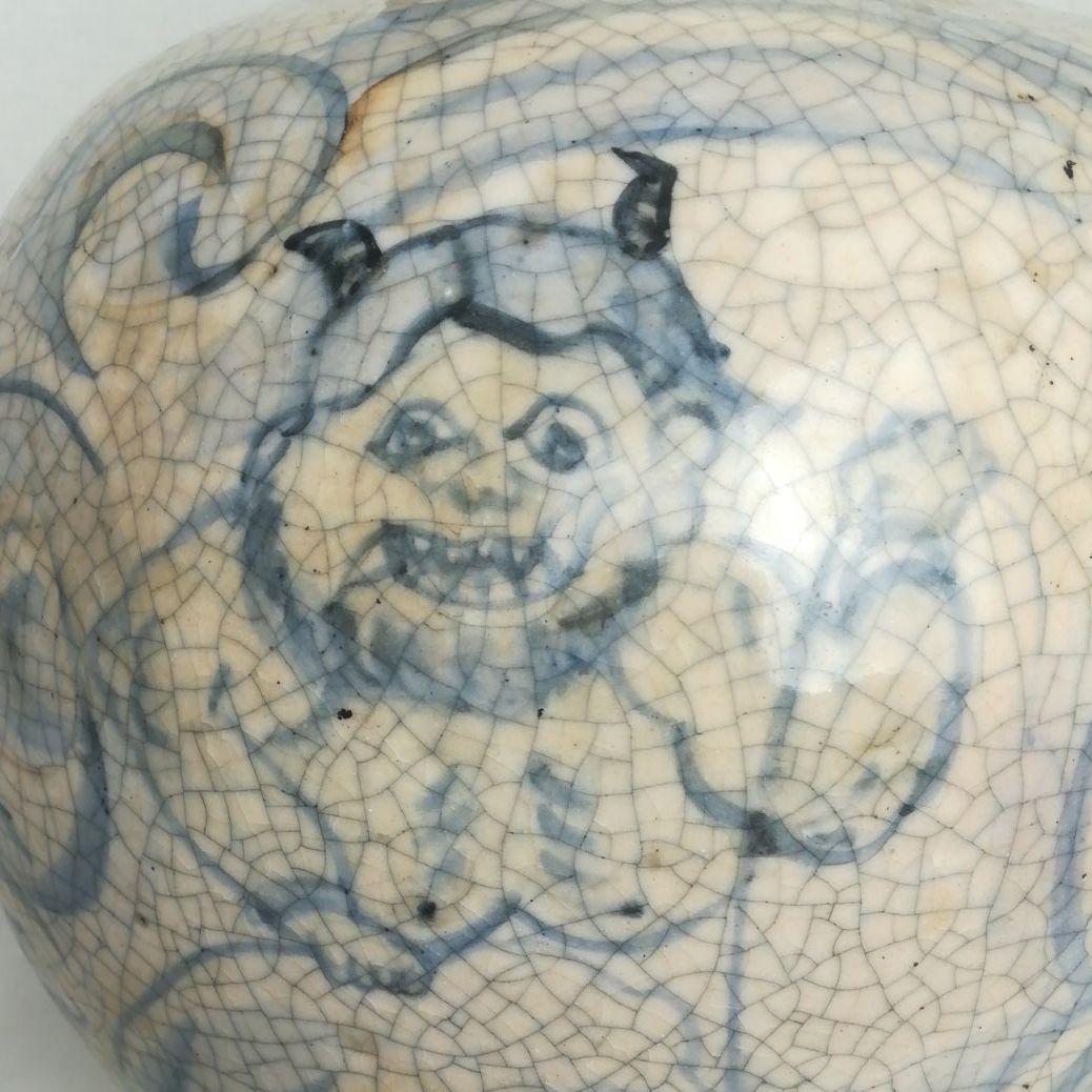 在銘あり　壺　染付絵　雷神　鬼　大津絵