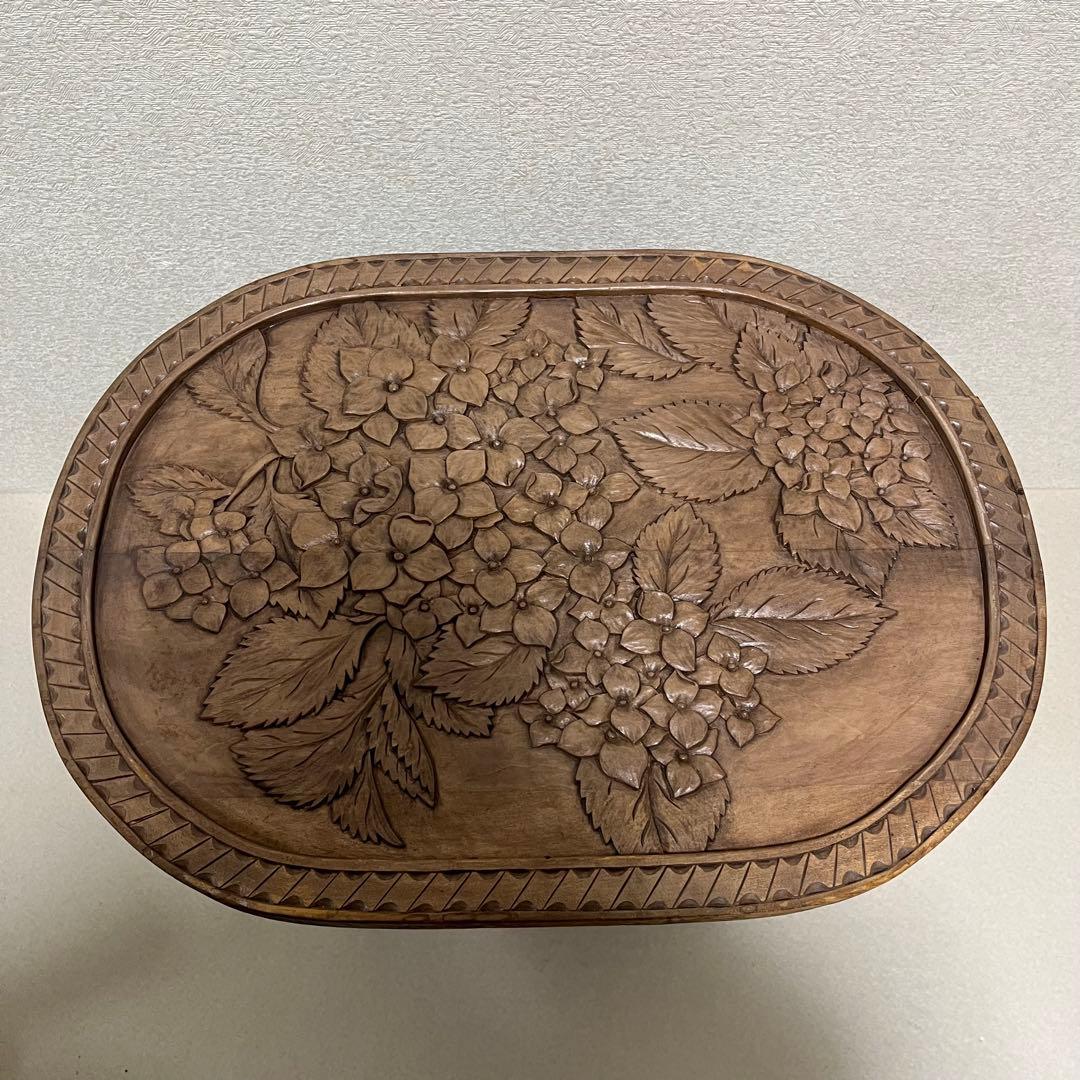 伝統工芸 サイドテーブル 木彫り 紫陽花 アジサイ 日光堀