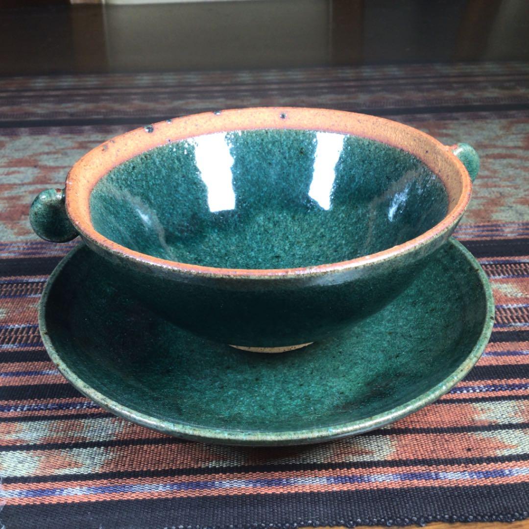 勤労うー特価』 萩焼 CX2 スープカップ&ソーサー ペア 緑