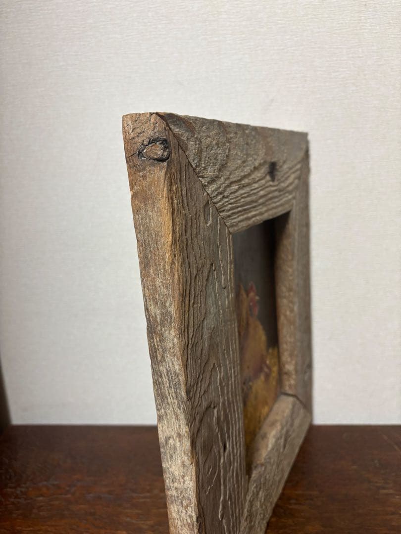 ヴィンテージ木製フレームの絵画 ニワトリとヒヨコ インテリア アート
