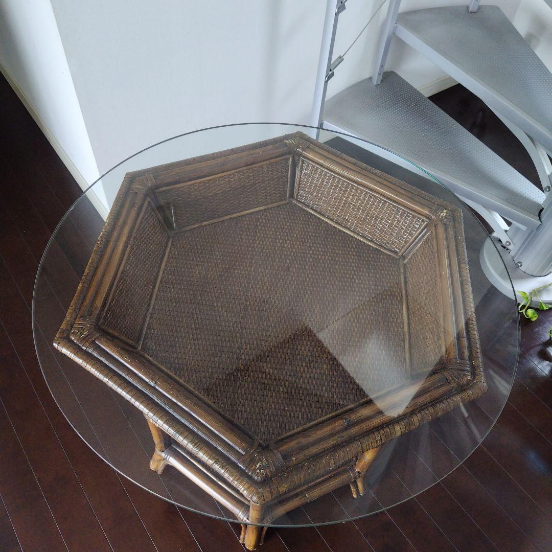 アンティーク ラタン 六角形テーブル ガラス天板付き 風水