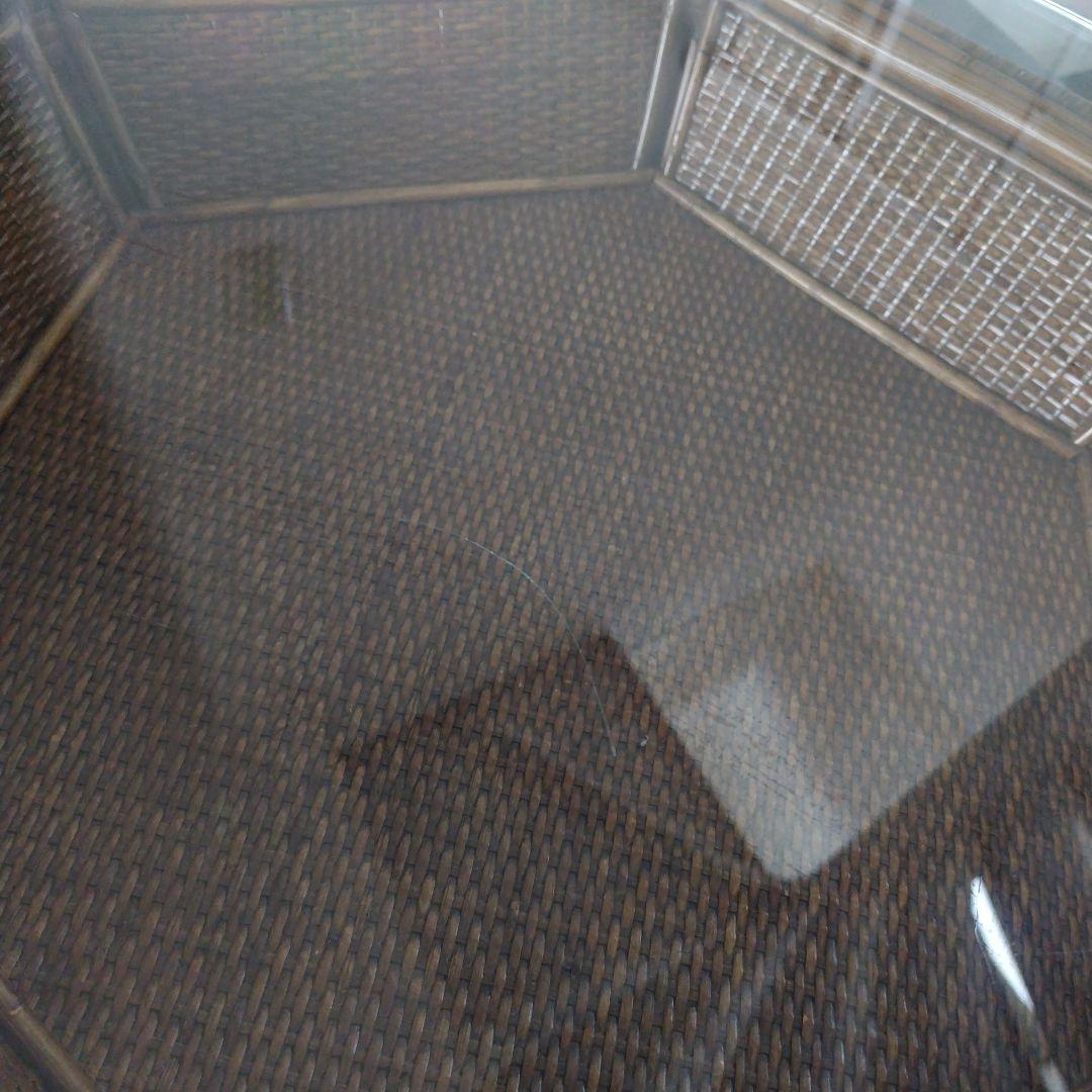 アンティーク ラタン 六角形テーブル ガラス天板付き 風水