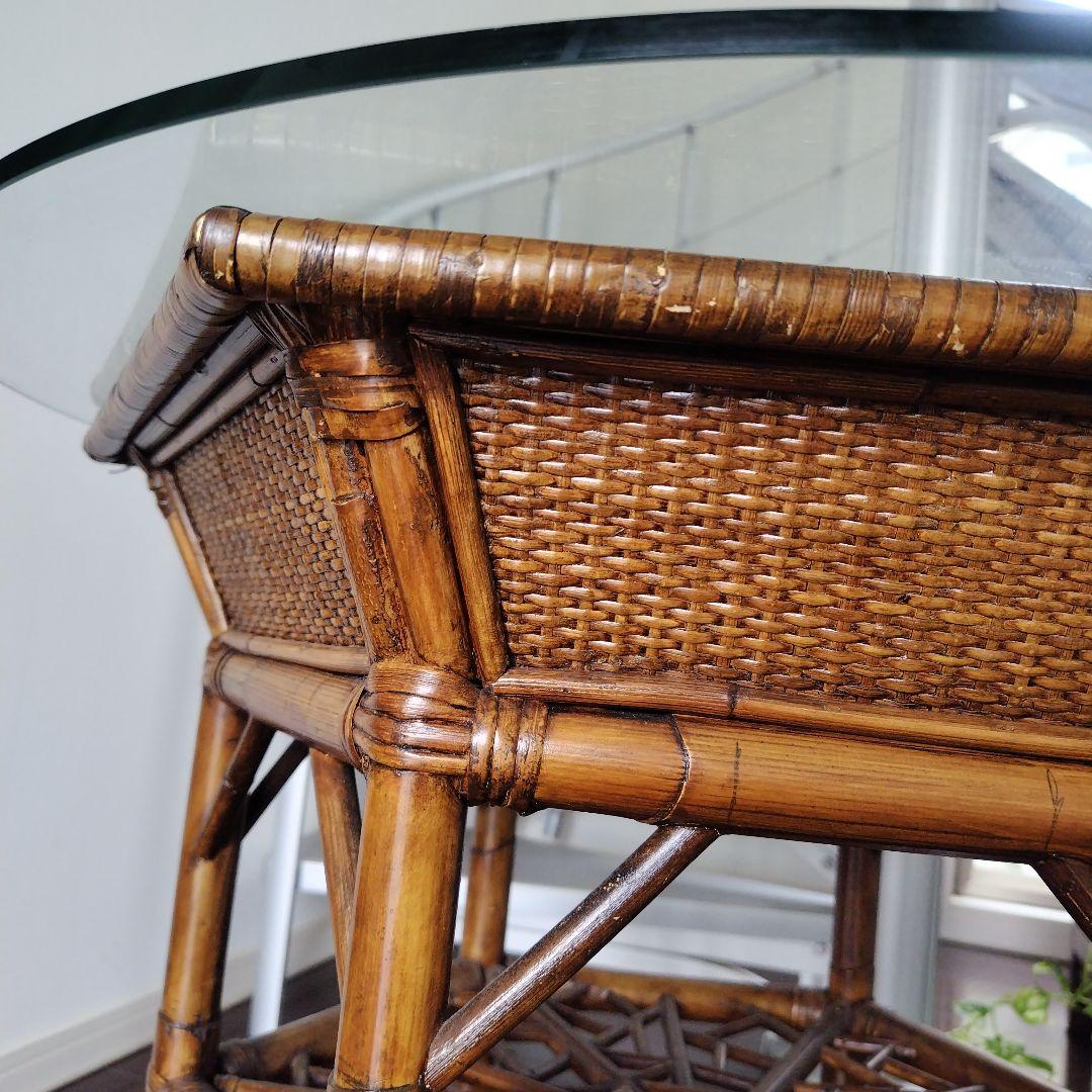 アンティーク ラタン 六角形テーブル ガラス天板付き 風水