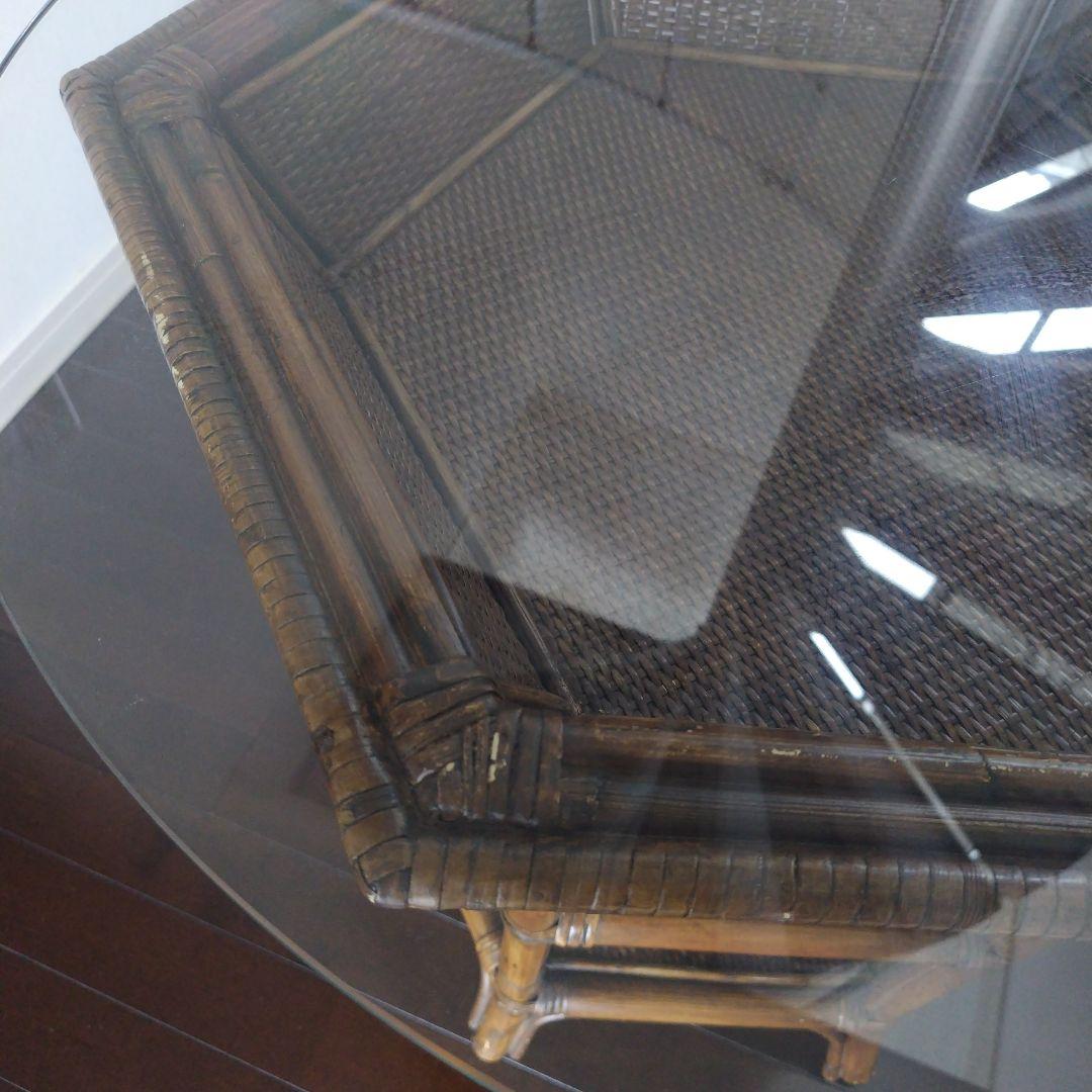 アンティーク ラタン 六角形テーブル ガラス天板付き 風水