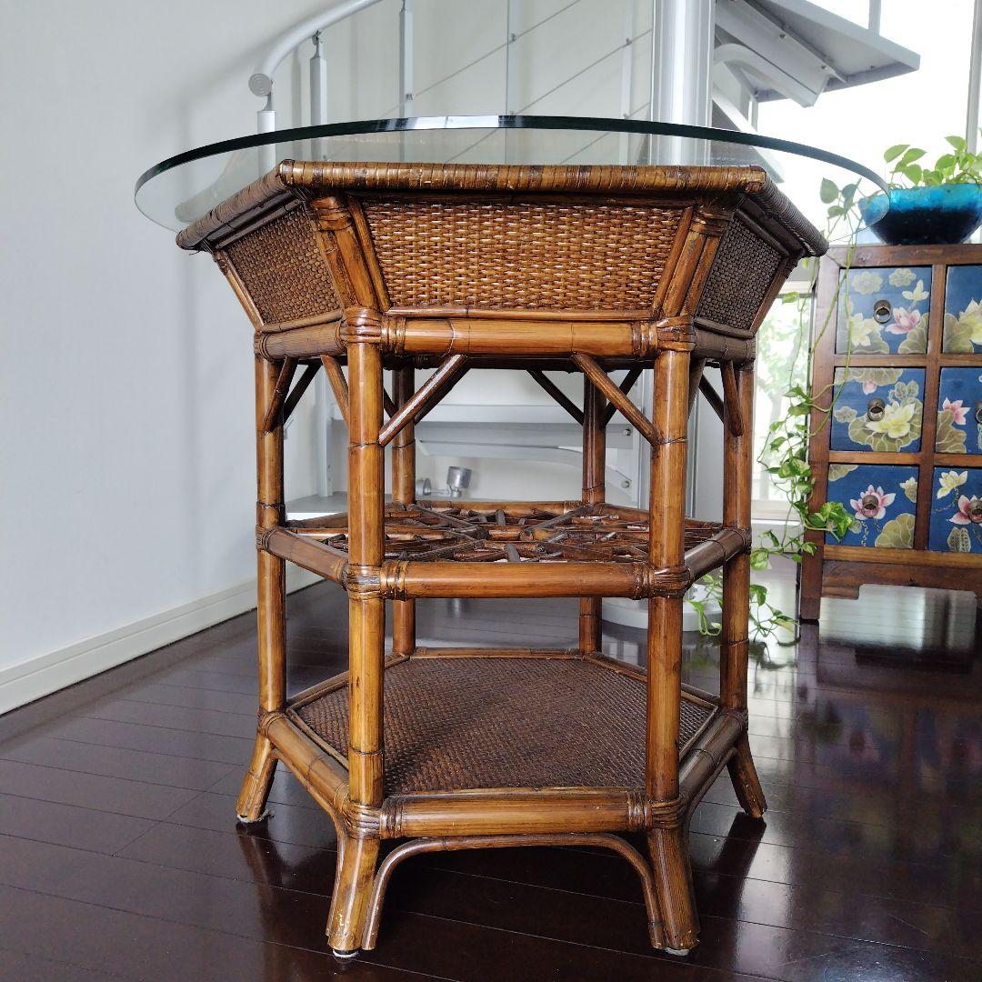 アンティーク ラタン 六角形テーブル ガラス天板付き 風水