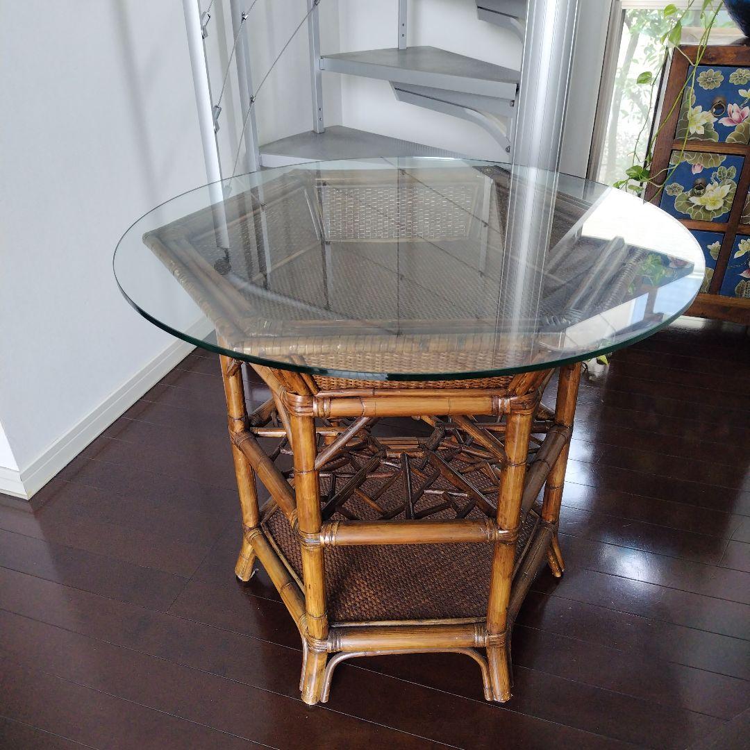 アンティーク ラタン 六角形テーブル ガラス天板付き 風水