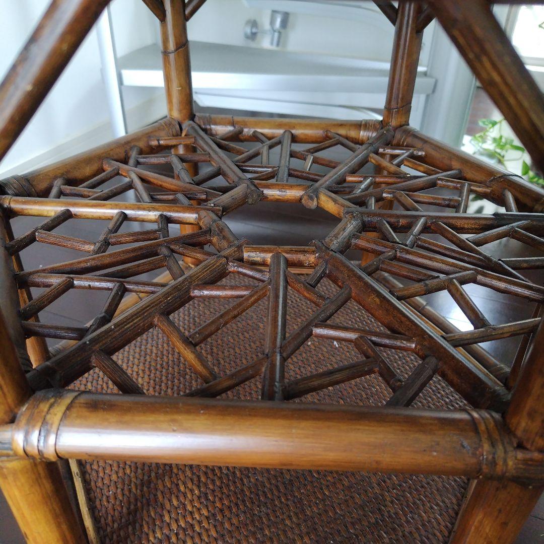 アンティーク ラタン 六角形テーブル ガラス天板付き 風水