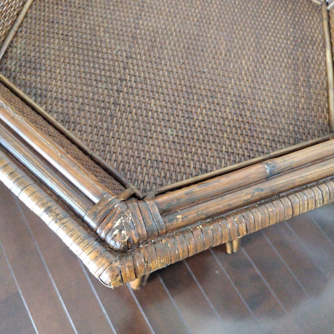 アンティーク ラタン 六角形テーブル ガラス天板付き 風水