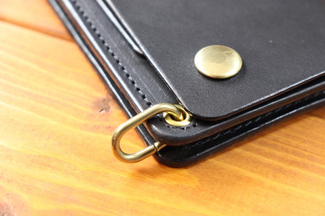 ロングトラッカーウォレット　真鍮　黒革　黒糸　栃木レザー