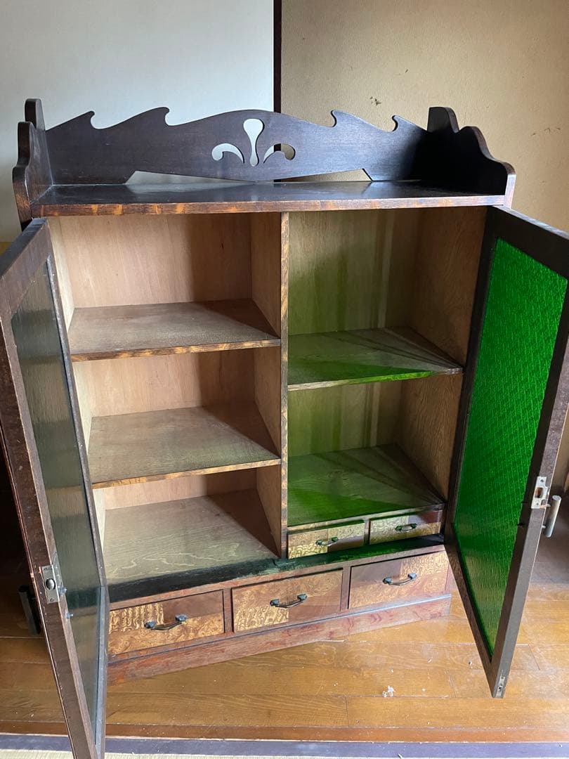 すりガラス アンティーク 昭和 レトロ キャビネット 食器棚 収納棚 本棚