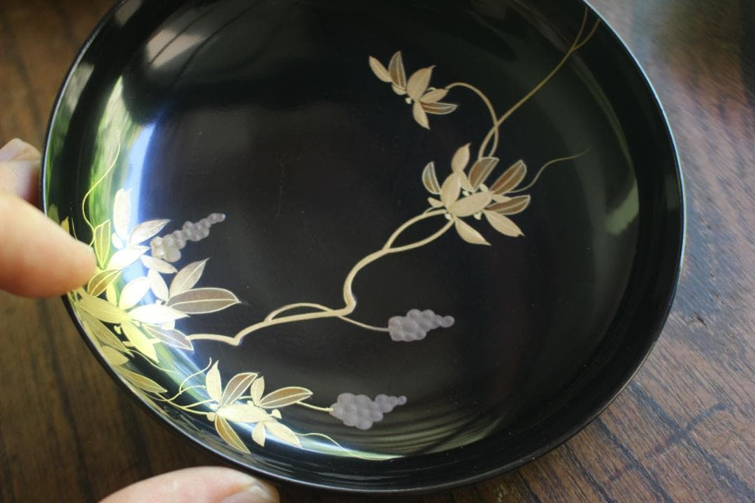 時代逸品！時代黒漆に極上草花蒔絵の映えるお椀7点（検輪島塗蒔絵椀