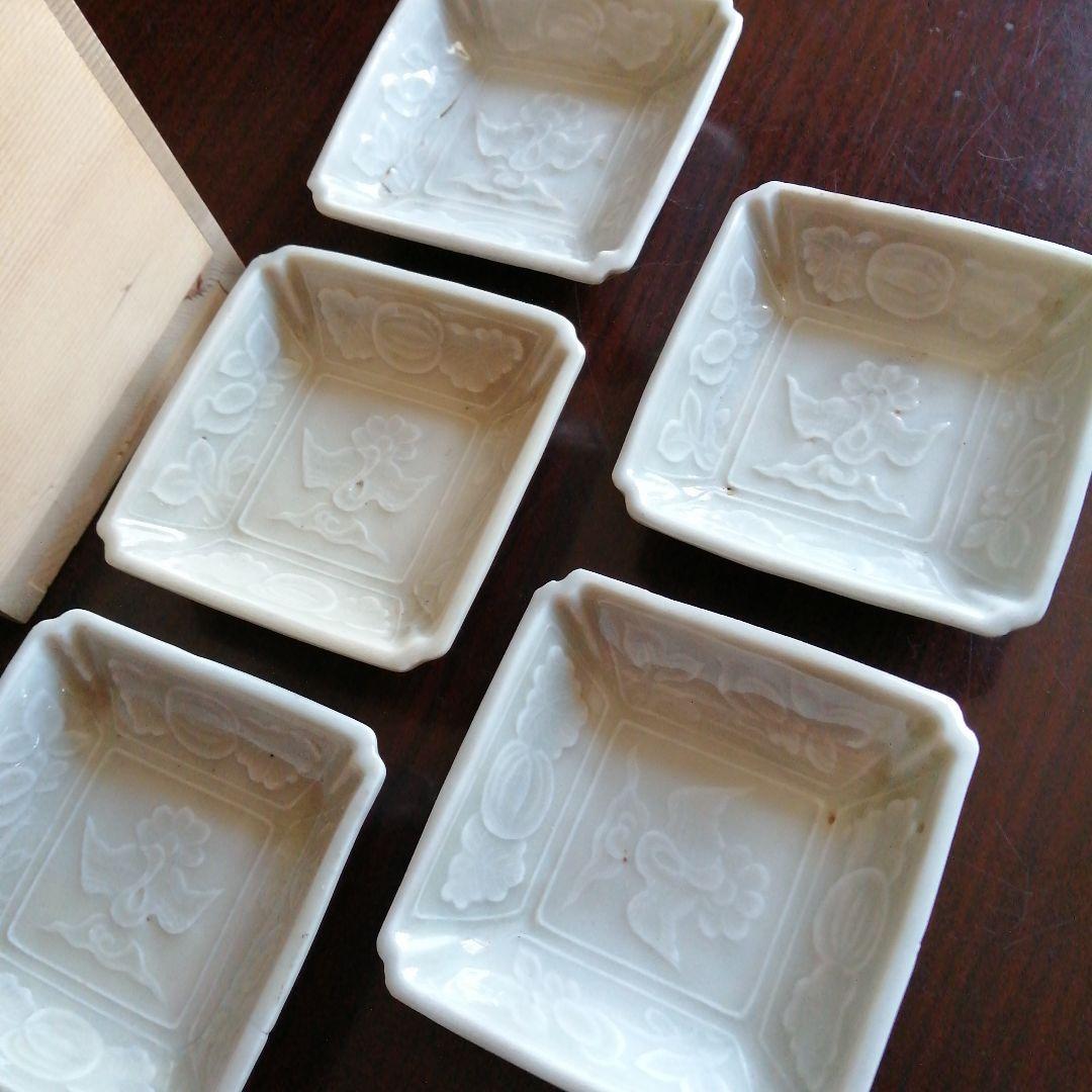 伊万里　白磁隅切小皿　5枚　8.2cm　江戸後期～明治期