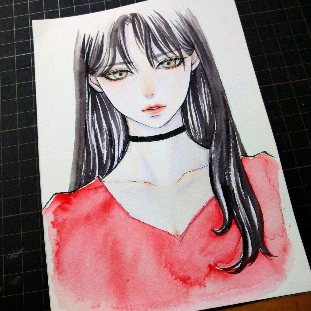 ポストカードプリント 手描きイラスト オリジナル 黒髪 美人画 水彩画