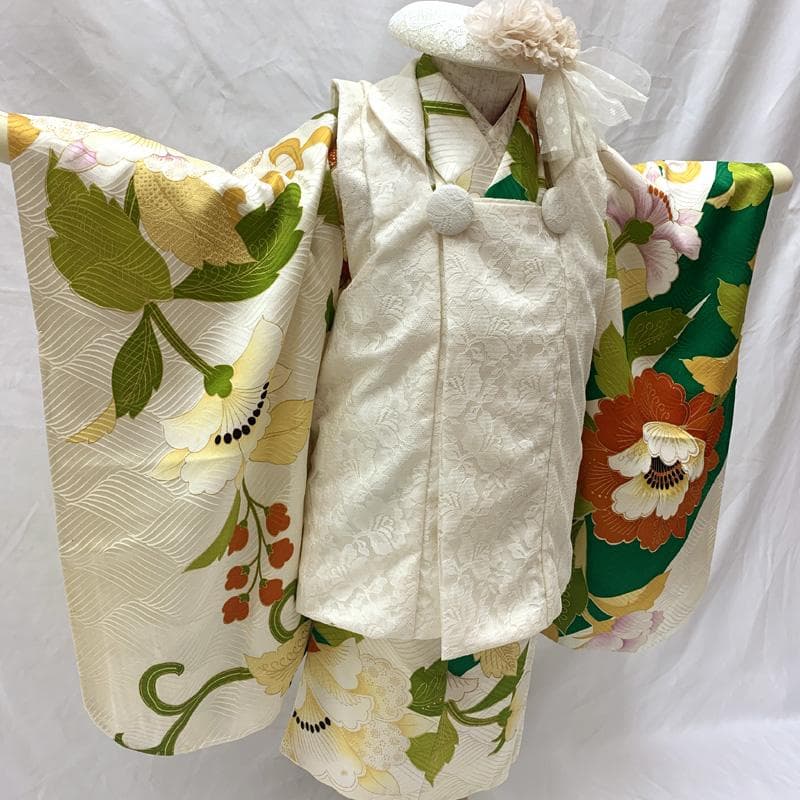 509ag44□七五三 三歳 女児 着物&被布 大柄 牡丹文様□状態良好