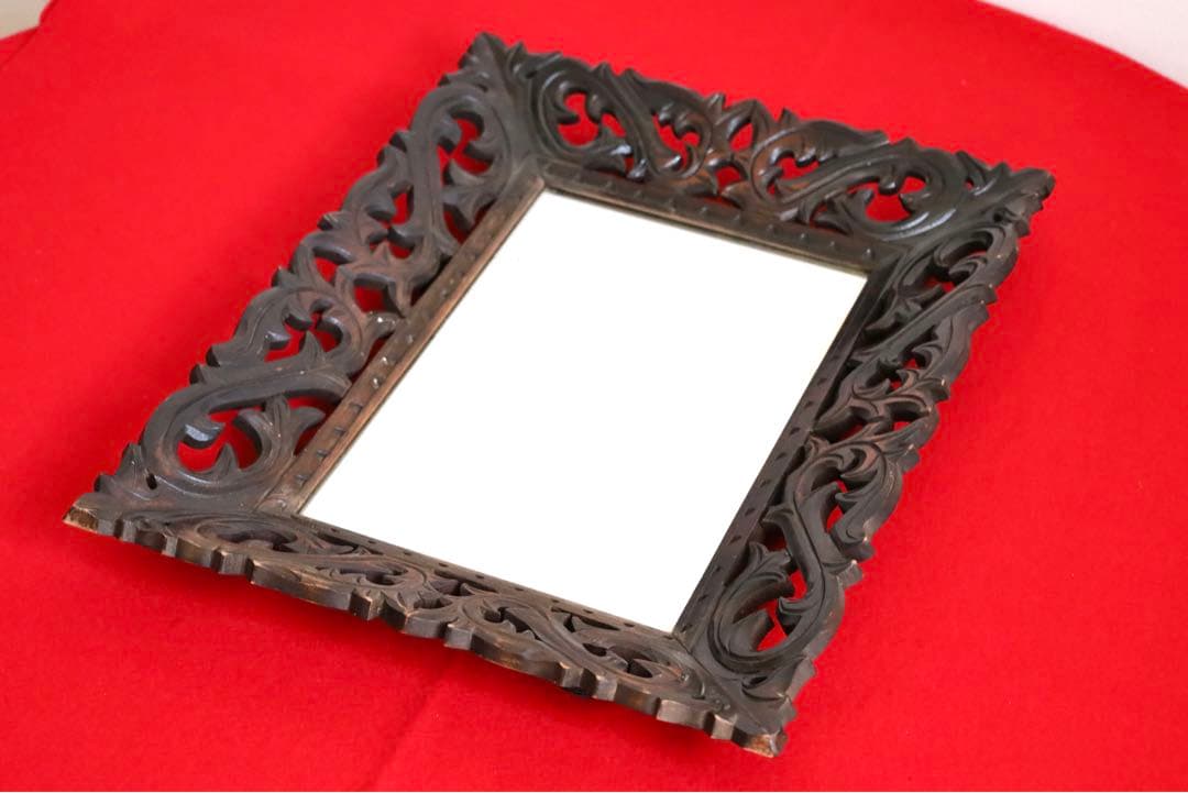 アンティーク雑貨【壁掛け　鏡　昭和レトロ　木彫り】