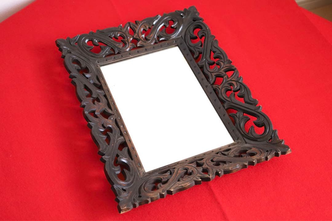 アンティーク雑貨【壁掛け　鏡　昭和レトロ　木彫り】