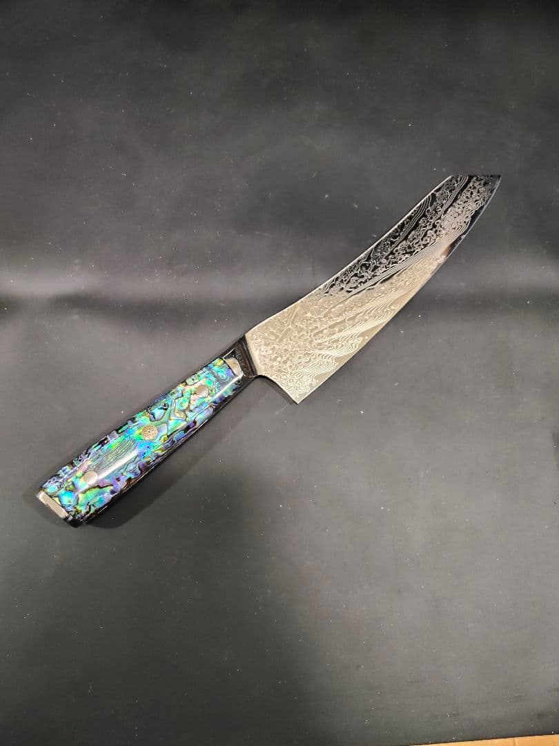 魚捌き 鬼反り 剣型 切付型 牛刀 V金10号 67層ダマスカス 包丁アワビ殻柄