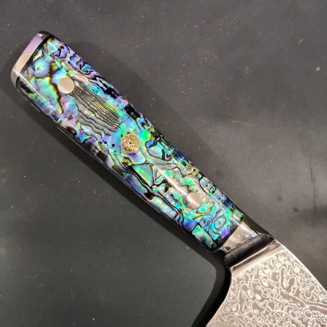 魚捌き 鬼反り 剣型 切付型 牛刀 V金10号 67層ダマスカス 包丁アワビ殻柄