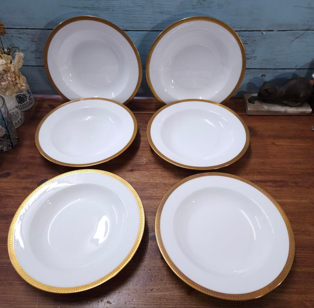 美品☆大倉陶園 OKURA 片葉金蝕 スーププレート 6枚セット 深皿