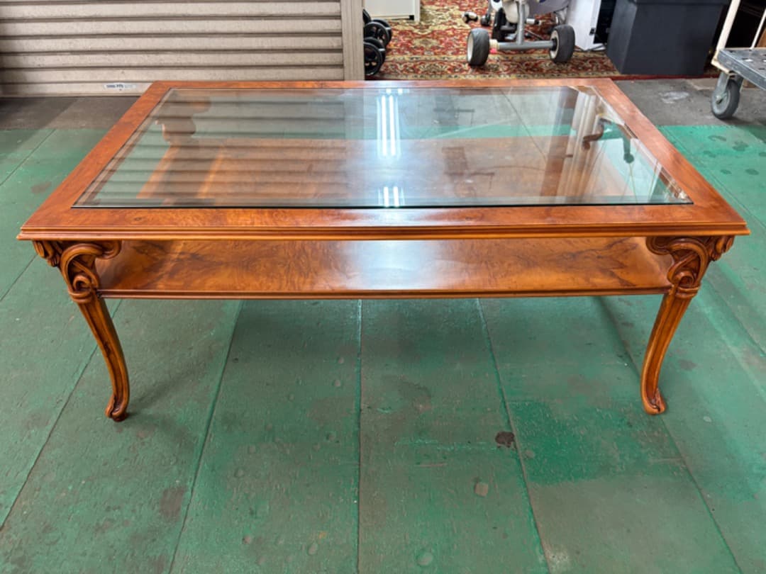 イギリス製　センターテーブル　クイーンアン様式　猫脚　ガラス天板　アンティーク調