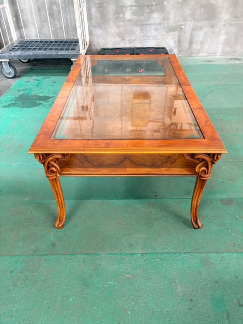 イギリス製　センターテーブル　クイーンアン様式　猫脚　ガラス天板　アンティーク調