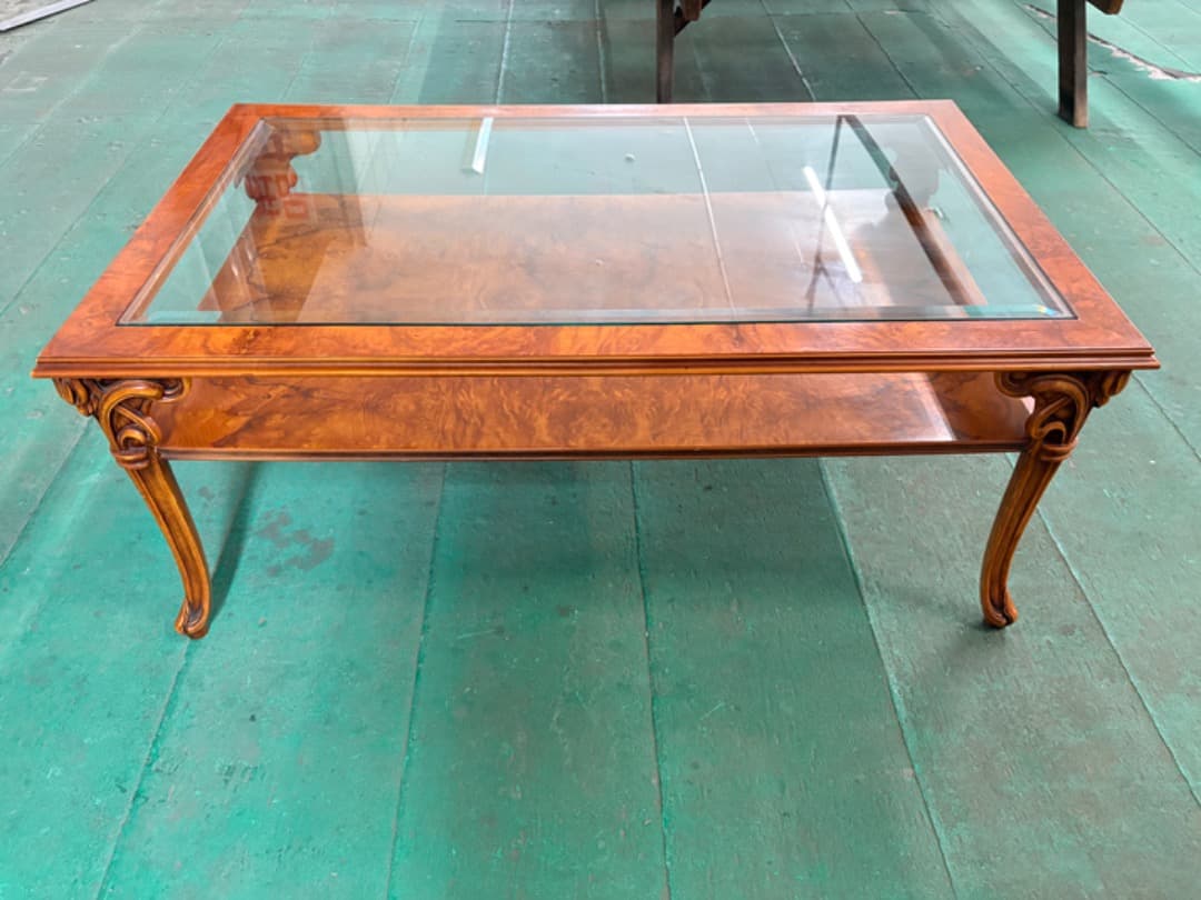 イギリス製　センターテーブル　クイーンアン様式　猫脚　ガラス天板　アンティーク調