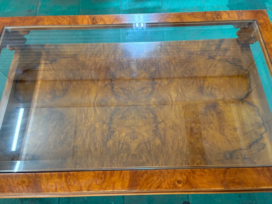 イギリス製　センターテーブル　クイーンアン様式　猫脚　ガラス天板　アンティーク調