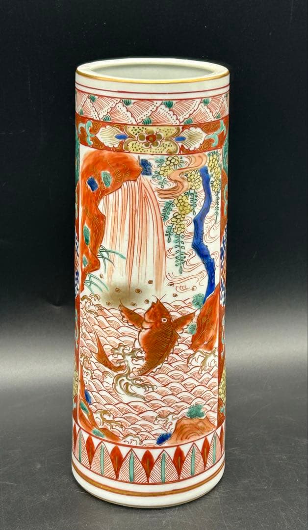 陶器　九谷焼　峯久　花器　花瓶　金彩　赤絵　手描き　時代物