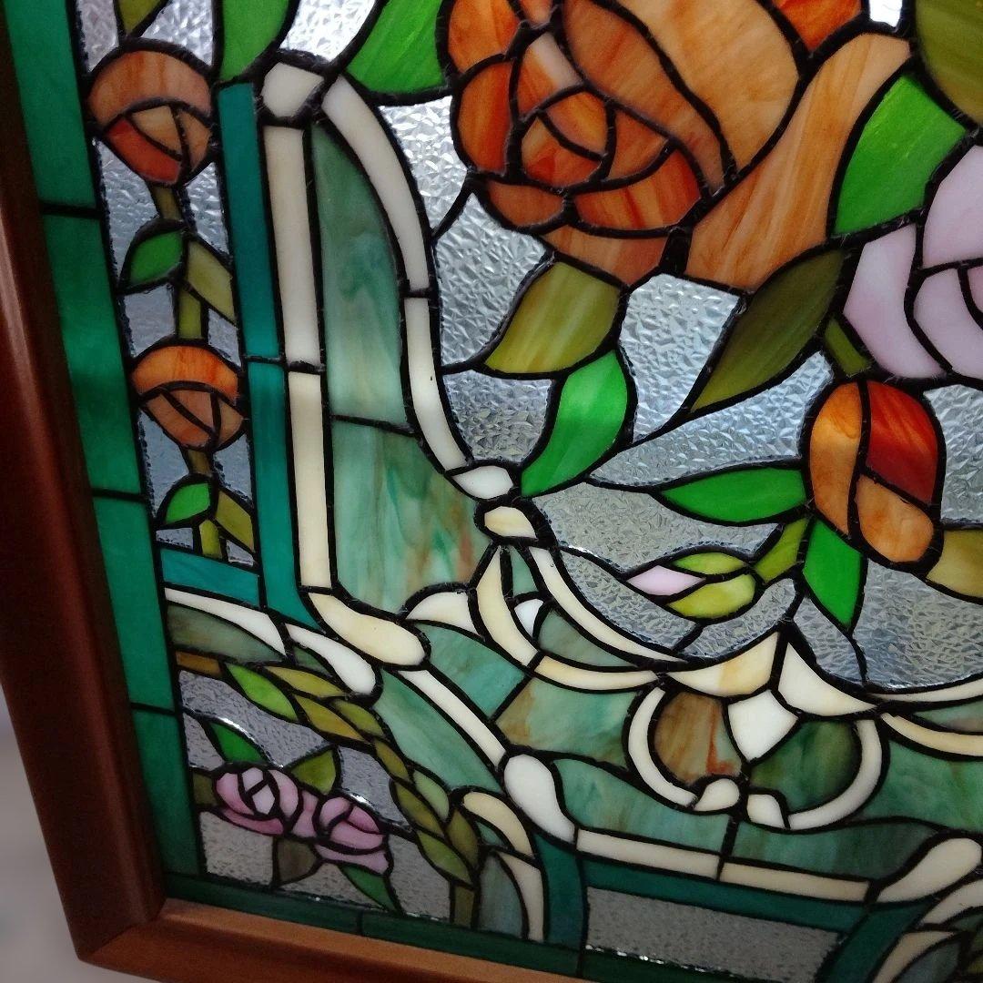 壁飾り 壁掛け ステンドグラス バラ柄 西洋アンティーク インテリア