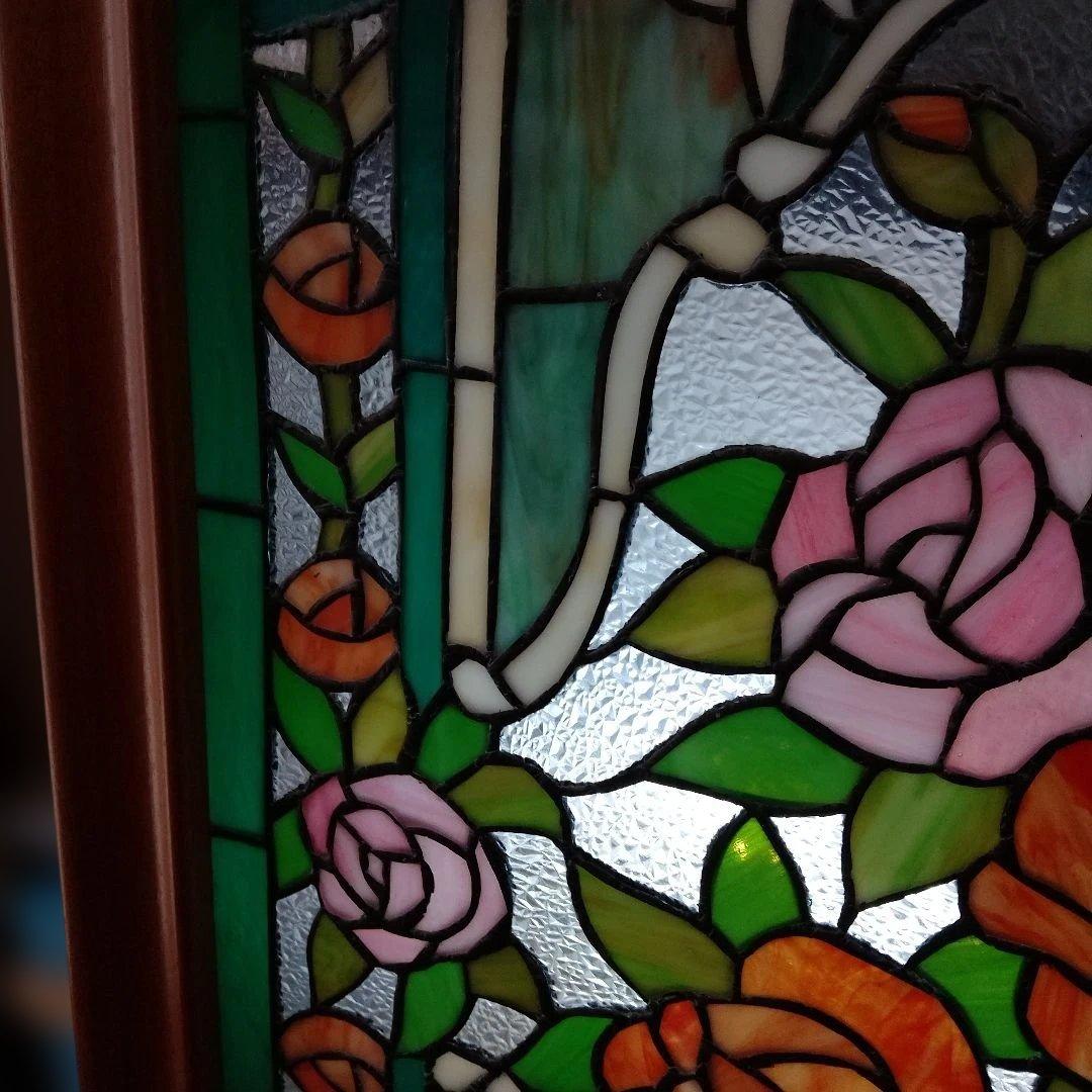 壁飾り 壁掛け ステンドグラス バラ柄 西洋アンティーク インテリア