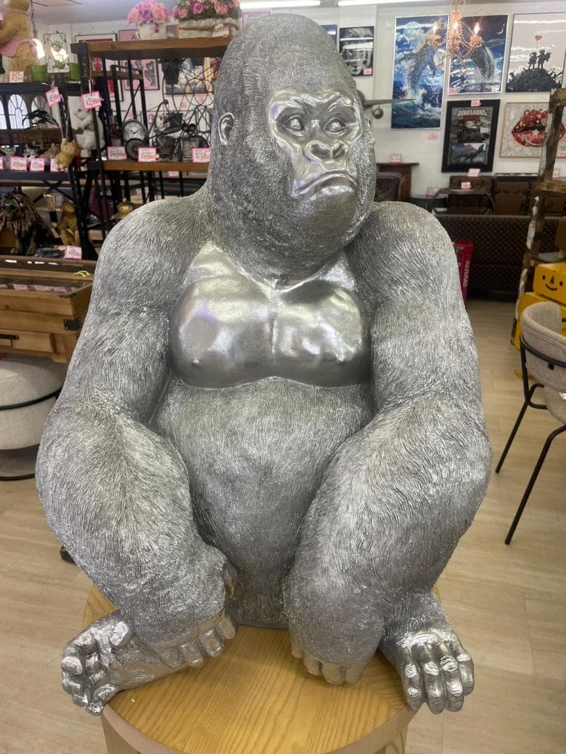 巨大　ゴリラ　キングコング　置物　オブジェ　シルバー　アニマル　高さ88　銀　L