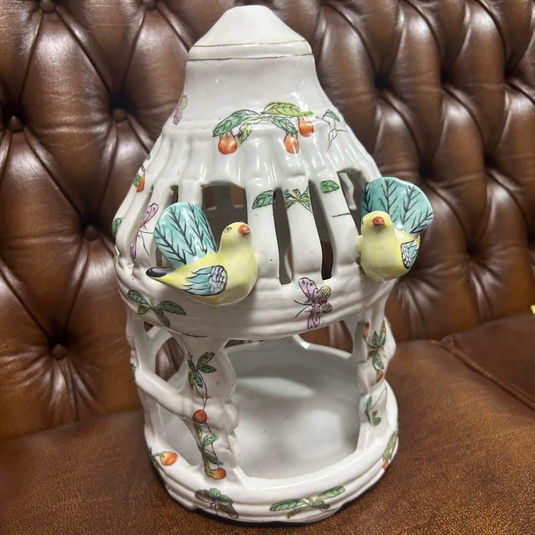 鳥籠　鳥かご　陶器　中国アンティーク　置物