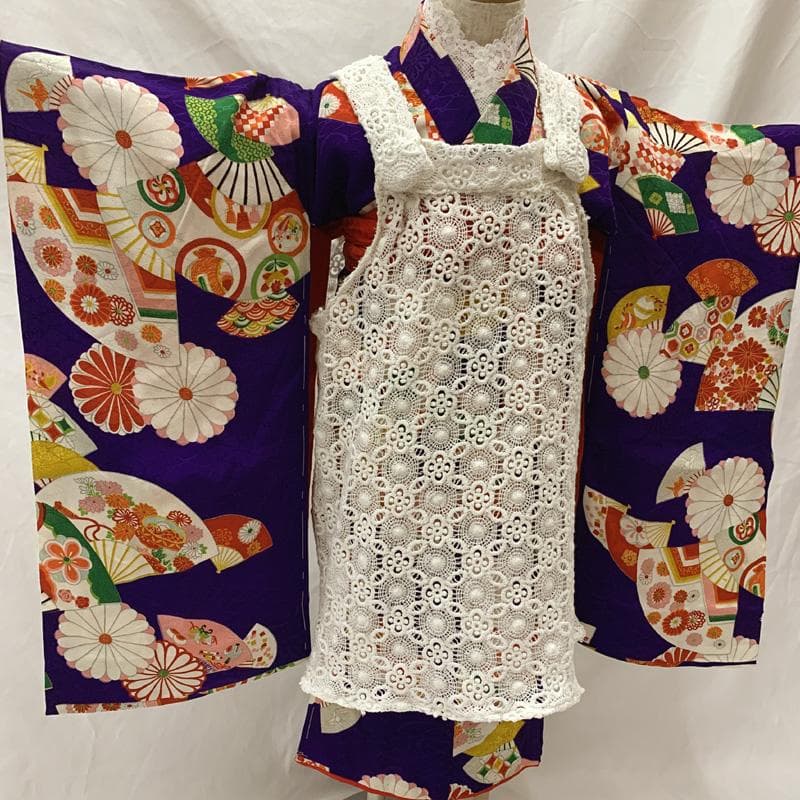 509ag43□七五三 三歳 アンティーク 女児 着物&被布 扇 菊□美品