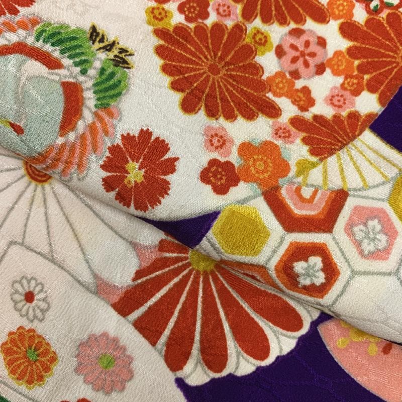 509ag43□七五三 三歳 アンティーク 女児 着物&被布 扇 菊□美品